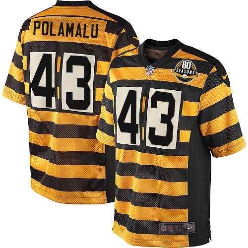 Youth Elite Troy Polamalu 80th Anniversary Nike Jersey Gold/Black Alternate - #43 Throwback NFL Pittsburgh Steelers